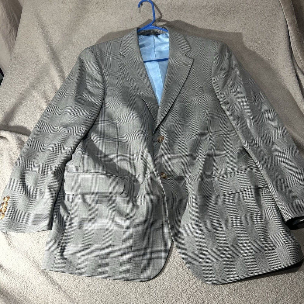 T. Harris London Mens Blazer 44R Grey Plaid 100% Wool 2-Button Sport Coat
